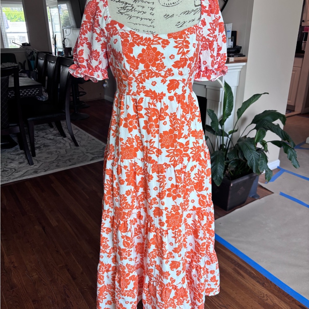 Crystal Doll Orange Floral Maxi Dress with Puff Sleeves
